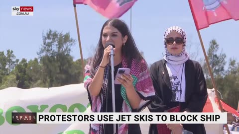 Pro-Palestine activists rally at Port Botany with jet ski blockade