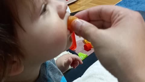 Baby eating mini orange