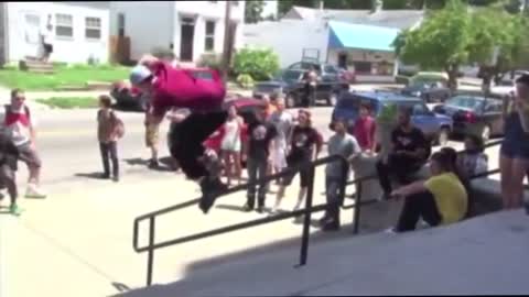 Guy Gets His Feet Stuck And Twisted Attempting A Rail Grind In Roller Skates