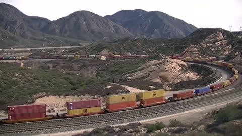 Over 2 mile long BNSF Stacktrain climbing Cajon Pass, 3x2x2- Full Length Video