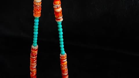 Natural turquoise and orange spiny oyster ronudle beads handmade necklace 20240417-04-08