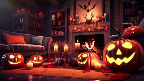 Halloween Fireplace & Music 🎃 Relaxing Jazz🍂🕷️👻