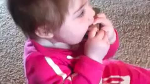 Adorable baby plays harmonica