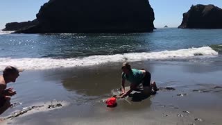Guy throws friend into back flip and face plants into sand