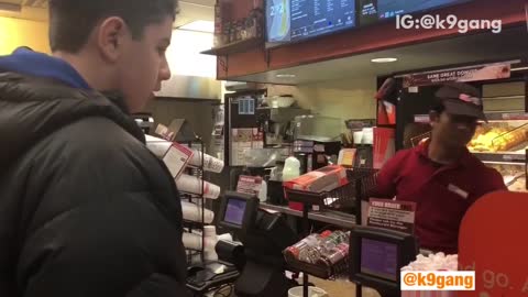 Guy walks into shop asks for pot of hot water puts coffee in it goes outside pours on his head