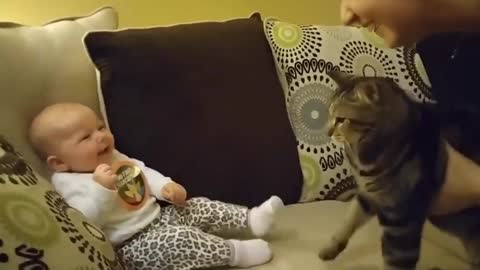 funny cat with Baby Boy😊