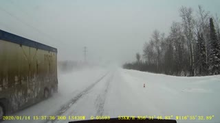 Scary Log Truck Near Miss in the Snow