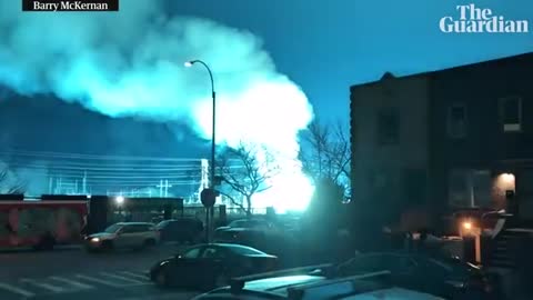 Bright sky at night_ power plant explosion turns New York City horizon blue