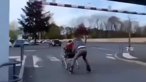 instant regret- riding down a hill in a shopping cart.