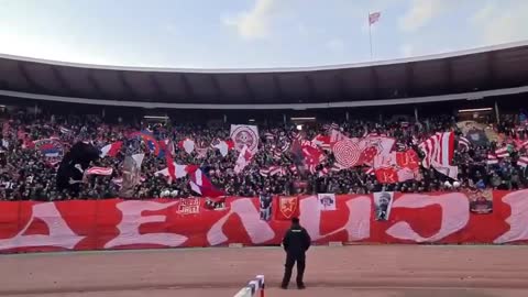 Serbian fans in the stands of FC Crvena Zvezda in the support of Russia