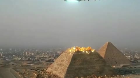 Planetary flying ship attacking pyramids