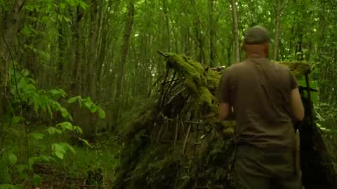 Description Building a Survival Shelter in a Forest - Camp food from natural herbs