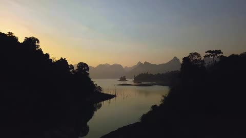 Landscape of a large lake during sunset from the air