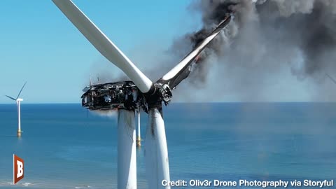 Wind Turbine BURNS Emitting Trail of Smoke Off England's Coast