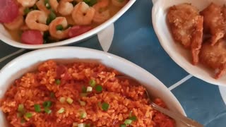 Portuguese fried rice/ Jalapeno shrimp with chorizo and coconut shrimp