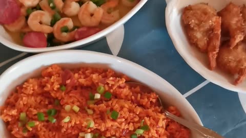 Portuguese fried rice/ Jalapeno shrimp with chorizo and coconut shrimp