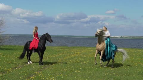 Beautiful young woman riding a horse in a field with flowers