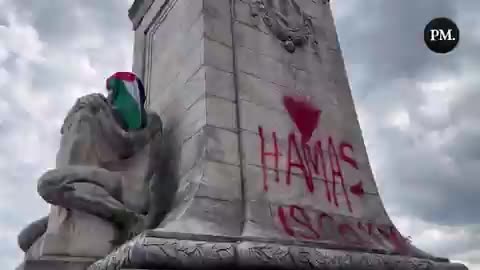 anti-Israel protesters vandalize the historical monument situated outside Union Station