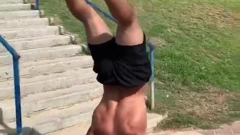 Guy performs handstand all the way up staircase