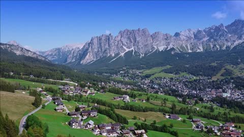 aerial drone view of cortina dampezzo in the dolomites italy