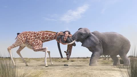 Elephant vs Giraffe Water Fight