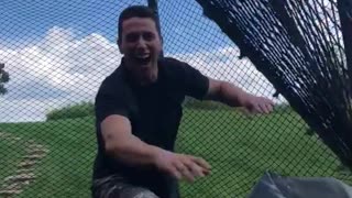 Guy camo pants black trampoline front flip fail