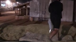 Guy falls off hay while trying to grab rope