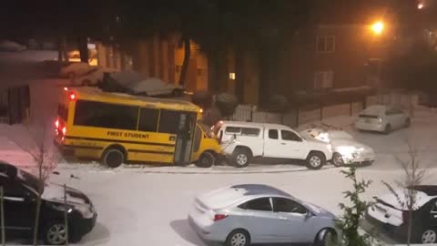 School Bus of Kids Slides Down Icy Hill and Crashes