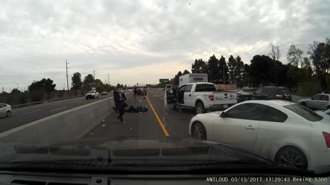 Motorcycle Merges into Median