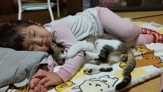 Sleeping daughter. Don't wake up Children Kids Cat Cat