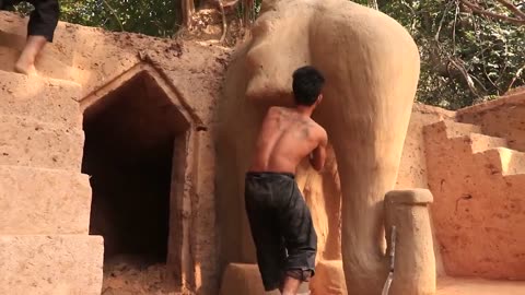 Building Underground Temple & Elephant Statue | Tunnel House With Swimming Pools (Primitive)