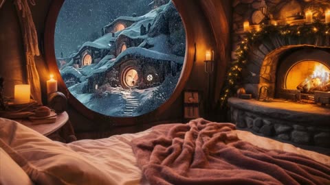 1 Hour Sleep Video: Snowy Winter Night in a Hobbit Home Fireplace Fire Sounds and Light Wind