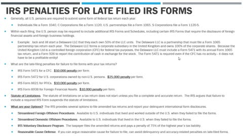 IRS Penalties on Late Filed Forms 5471, 5472, 8621 & 8938