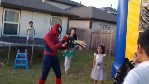 Houston superhero party character spider hero shows dinosaur web catcher game at birthday Richmond