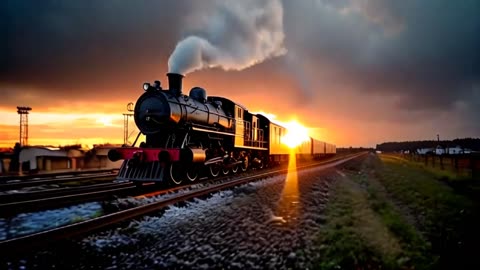 Majestic steam locomotive perched at the horizon , ai shorts