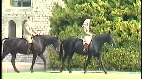 President Reagan horseback riding with Queen Elizabeth II at Windsor castle on June 8, 1982