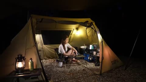 Solo girl having camp in nature |