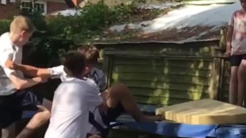 Kid does triple backflip and pulls his friend off the trampoline!!!