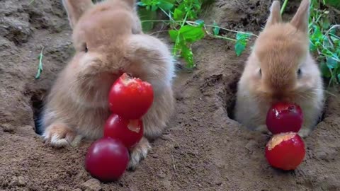 Daddy bunny and baby bunny happily eating fruits