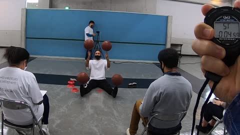 Freestyle Basketball Player Balances Four Balls on Fingers and Toes