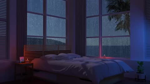 ASMR At dawn, listen to the sound of rain in a quiet bedroom overlooking sea.