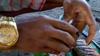 eating mackerel fish fried in palm oil