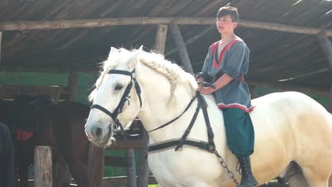 Young cossack sitting on beautiful white horse. Horse show in park Kievan Rus