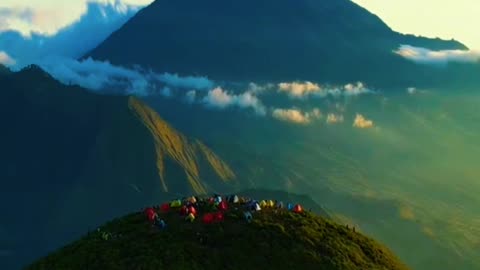 Camping on the hill below Mount Rinjani