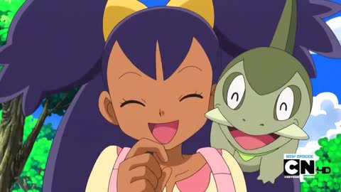 Pokemon Best Wishes Iris laughs at Ash getting shocked by Pikachu via Oshawott