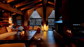 Winter Cozy Porch in Mountains with Bonfire, Snow Falling & Blizzard Sounds