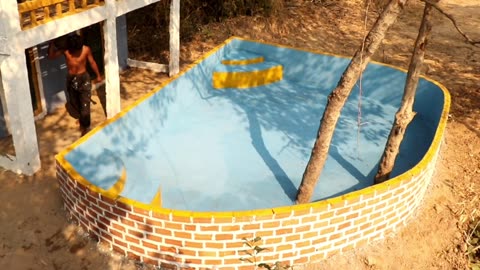 Building Amazing Beautiful Brick Swimming Pool Front Of Two Story Mud Villa .