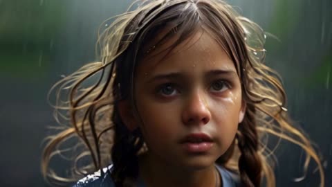 beautiful 10 years old girl in the rain