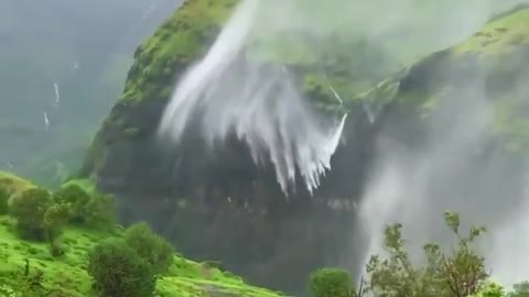 Strong winds create a reverse waterfall in Maharashtra, India