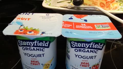 Eating Stonyfield Organic Yogurt With Real Fruit, Dbn, MI, 4/9/24